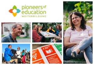 Pioneers of Education Logo für Weiterbildung, darunter Collage mit fünf Bildern: ein lächelnder Mann; Frauen an einem Tisch; zwei Menschen, die einen Eimer halten; Karten mit den Sustainable Devleopment Goals (SDG); SIlke Weiß