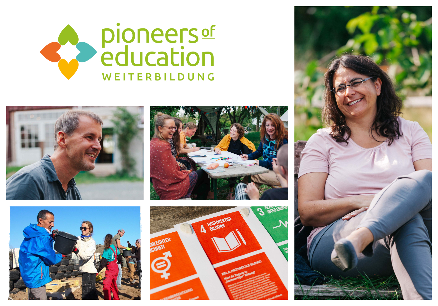 Pioneers of Education Logo für Weiterbildung, darunter Collage mit fünf Bildern: ein lächelnder Mann; Frauen an einem Tisch; zwei Menschen, die einen Eimer halten; Karten mit den Sustainable Devleopment Goals (SDG); SIlke Weiß